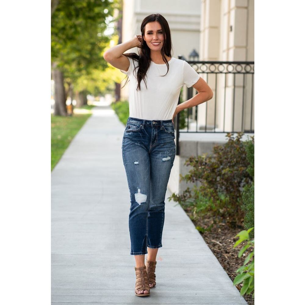 KanCan High Rised Ripped Mom Relaxed Fit Jeans Distressed Dark Blue Tapered 30
